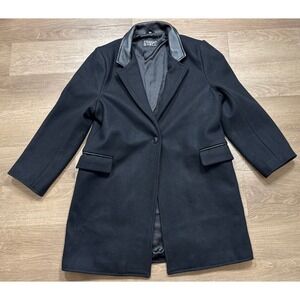 Straight To Hell Black Wool Coat Faux Leather Collar Longline XXL Goth Emo Punk